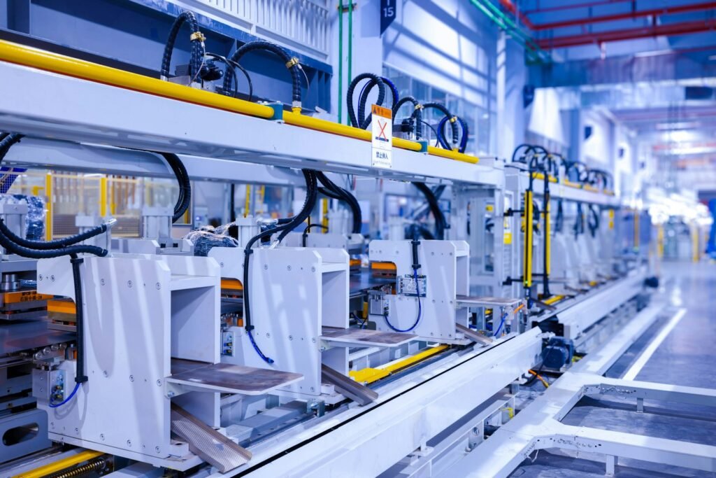 Workers on a battery manufacturing line in a U.S. factory